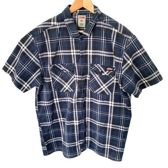 DICKIES Mens XL Blue Plaid Heavy Cotton Twill Utility Shirt Short Sleeve Pockets - Picture 1 of 5